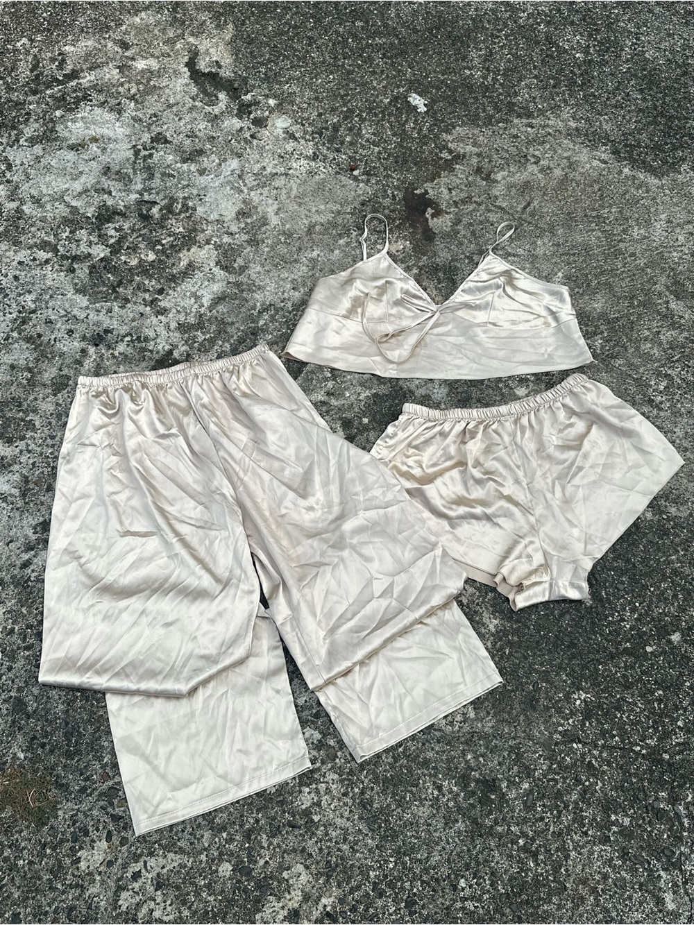 SHEIN Cream Satin 3-Piece Sleep Set - Bralette, Shorts & Wide-Leg Pants